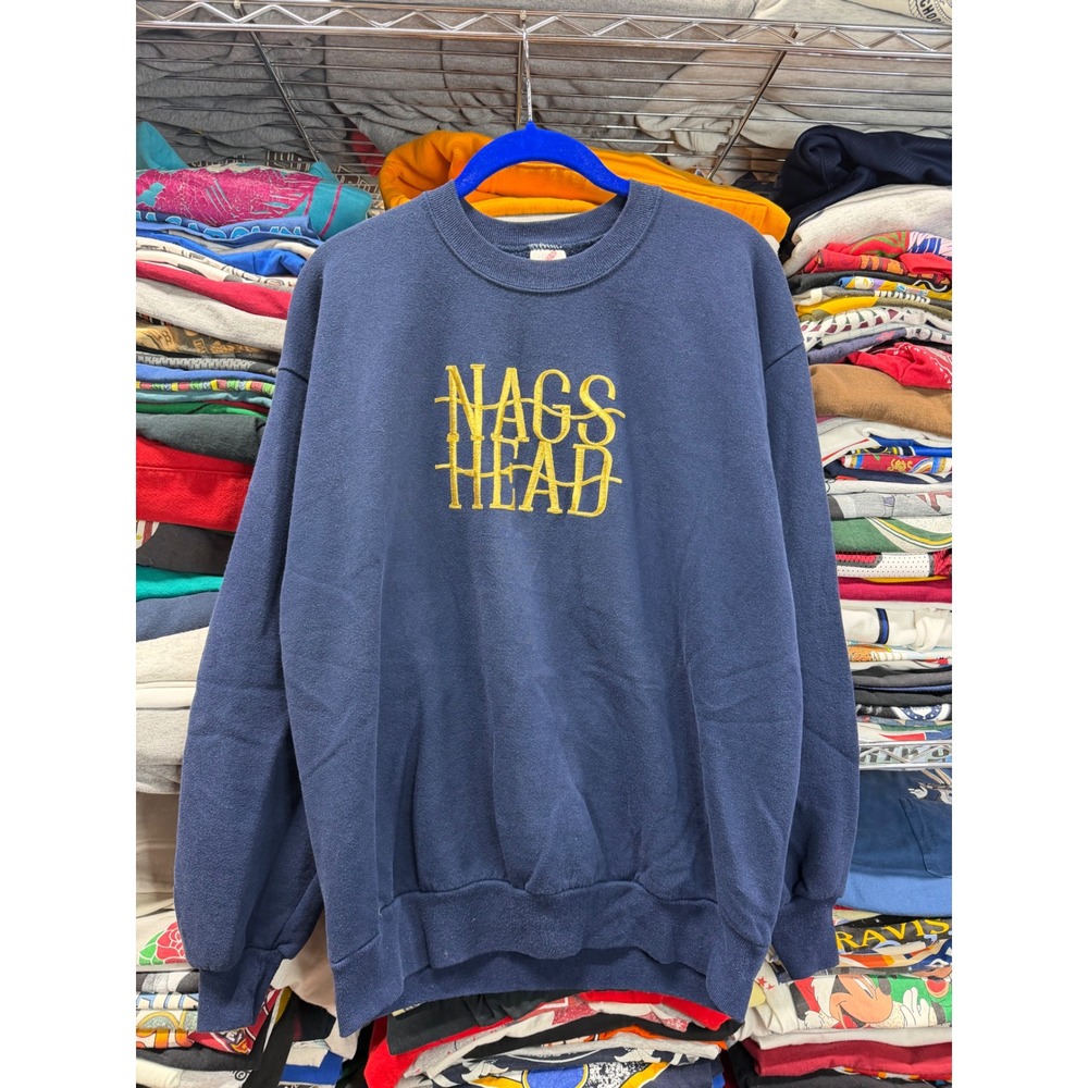 Vintage Jerzees Nags Head Sweatshirt Mens L Navy Blue Embroidered Made in USA